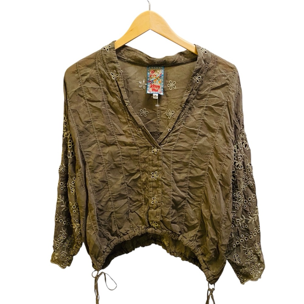 JOHNNY WAS Olive Green Whimsigoth Embroidered Side Tie Peasant Blouse Bohemian - Picture 1 of 6